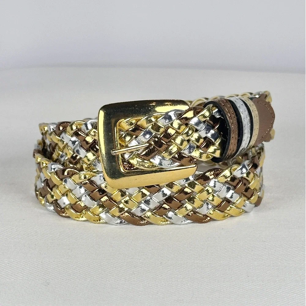 Vintage 80s Braided‎ Tri-color Mixed Metal Gold Silver Bronze Woven Belt S/M USA